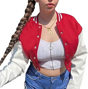 Xaspee Women's Casual Baseball Jacket Faux Leather Colorblock Button Crop Bomber Jacket (XS, Red)