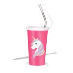 PDDFALCON Stainless Steel Unicorn Cartoon Print Glass/ Tumbler With Bpa Free Lid,Steel Straw With Cleaning Brush&Food Grade Cap For Straw&Extra Storage Lid,100% Leak Proof - 450Ml (Pink)