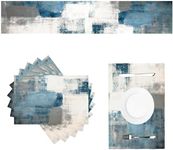 Farmhouse Table Runner and Placemats Set of 6 Washable Heat Resistant Table Mats Grey White Blue Placemat Linen Modern Abstract Painting Art Cloth Place Mats for Party Dining Table Decor,13"x72"