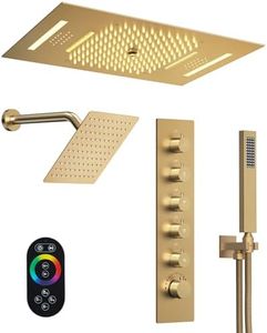 GRANDJOY Luxury LED Shower System, Bluetooth Music 23" x 15" Ceiling Mount Dual Shower Head with 8" Shower Head & Handheld Sprayer, Brushed Gold