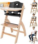 Abiie Beyond Junior Wooden High Chair for Babies and Toddlers - Convertible 3-in-1 Baby Highchair with Removable Tray - 6 Months to 250 Lb - Water Resistant - Natural Wood/Black Pearl Cushion