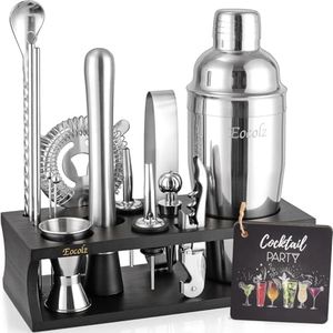 Cocktail Making Set, Cocktail Shaker Set 750ml Stainless Steel Bar Tool Set Bartender Kit with Bamboo Display Stand for Home & Bar (Black Silver - 17PCS)