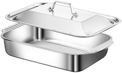 CVQWRJH Stainless Steel Rectangular Deep Roasting Paella Pan with Lid,Stainless Steel Skillet Pan with Dual Handles,rying Pan for Fast & Even Heating, for Camping, Parties,Flat Bottom