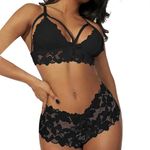 Satohom Women Babydoll Plus Size Underwear Lingerie Set,Floral Deep V-Neck Bra Panties,2 Piece Sexy Naughty Bra Briefs Lace Teddy Nightwear Erotic Outfits Female Sleepwear, Black/White S-XL