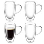 Top-spring 15 Ounces Double Wall Glass Coffee Mugs, Clear Glass Coffee Cups with Handles - Set of 4 Double Wall Insulated Coffee Mug Tea Latte Espresso Cups