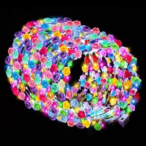 HONLYNE 100 PCS LED Flower Crowns Headbands, Light Up Flower Crowns For Women, Glow in the Dark Headband for Wedding Reception Birthday Christmas Mardi Gras Cosplay Princess Party Favors