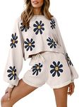 Ekouaer Pajama Sets for Women Soft Knit Lounge Sets Long Lantern Sleeve Two Piece Outfits for Women Fall Floral Beige Medium