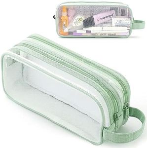 Grid Mesh Pen Pencil Case with Zipper, 2 Compartment Clear Pencil Case Pouch, Multi-Purpose Transparent Stationery Bag for Students College Office, Clear Makeup Cosmetics Bag for Adults (Green)
