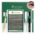 Lash Extension Kit KEYYOU 144pcs Lash Clusters Eyelash Extension Kit with Mascara Brush Bond and Seal Lash Glue Remover Lash Applicators Lash Brush Clean Pad for DIY Lash Extensions at Home (Y02 Kit)