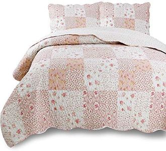 Kasentex Country-Chic Printed Pre-Washed Quilt Set. Microfiber Fabric Quilted Design. King Quilt + 2 Shams. Multi-Pink