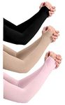 NESVIB 3 Pairs Biker/Sports Full Arm Fingerless Sleeves Gloves for UV, Dust, Summer, Sun Protection for men and Women (Black, Beige & Pink)