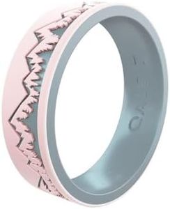 QALO Women's Rubber Silicone Ring, Ridgeline Strata, Silicone Rubber Wedding Band, Breathable, Durable Wedding Ring for Women, 6mm Wide 1.85mm Thick, Blush & Iridescent Blue, Size 7