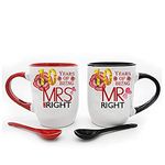 Anniversary Themed 10 Years of Being Mr Right & Mrs Always Right 11 oz Coloured Inside Couple Mug Set with Spoon.