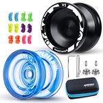 MAGICYOYO Pack 2 Responsive Yoyos for Kids Beginners, Pro Yoyo 2 Pack, Dual Funtion Trick Yoyo V3 + Cystal Yoyo K2 with 12 Yoyo Strings, 2 Holes Yoyo Case Bag, Yo-Yo Accessory Kit (V3 Black + K2 Blue)