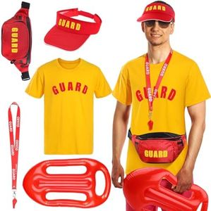 Hiboom 5 Pcs Guard Costume Set Guard T Shirt Guard Pouch Security Hat Inflatable Float Prop Sunglasses Whistle Lanyard (Yellow,Medium)