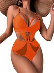 MakeMeChic Women's Cut Out Mesh Insert Strappy One Piece Swimsuit Monokini Swimsuit, Orange, Small