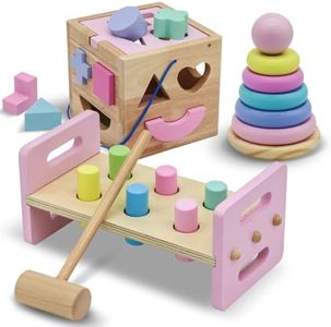 WALIKI Deluxe Wooden Toy Bundle for Girls | Pastel Pounding Bench, Shape Sorter Box & Rainbow Stacker | Montessori Toys for Toddlers & Preschoolers | Ages 2-5 | Educational Gift