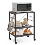 TANGZON 3-Tier Kitchen Baker's Rack on Lockable Wheels, Metal Frame Rolling Kitchen Storage Cart with 5/10 S-Hooks, Utility Shelves Unit for Home Dining Living Room (2 Adjustable Shelves, Grey)