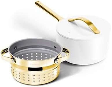 Caraway Nonstick 3 Qt Ceramic Sauce Pan with Lid & Steamer - Non Toxic, PTFE & PFOA Free - Oven Safe & Compatible with All Stovetops (Gas, Electric & Induction) - White