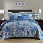 NEWLAKE Cotton Bedspread Quilt Sets-Reversible Patchwork Coverlet Set, Blue Classic Bohemian Pattern,King Size