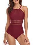 RELLECIGA Women's Wine Red High Neck Mesh Splicing One Piece Swimsuit Size Medium