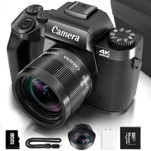 Saneen Digital Camera for Photography, 4K 64MP WiFi Touch Screen Vlogging Camera with Flash, 32GB Micro Card, Lens Hood, 3000mAH Battery, Front and Rear Cameras, 4″Big Screen, Hot Shoe Interface-Black