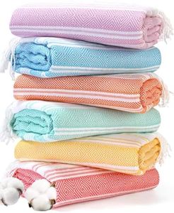 Genovega 6 Oversized Cotton Turkish Beach Bath Towel Set Bulk 74"x41" Extra Large Sand Free Quick Dry Swimming Camping Pool Clearance Towels Blanket Essentials Adult Multi LightBlue Rhombus