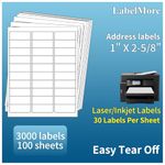 100 Sheets 3000 Labels LabelMore 30 up Labels 1" X 2-5/8" Shipping Labels Self Adhesive for Laser and Inkjet Printers 8.5" x 11" White.