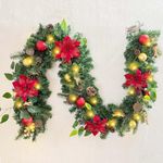 WANNA-CUL Pre-lit 6 Feet Christmas Garland with Lights for Front Door, Red Gold Ligthed Christmas Mantel Garland Decoration with Ball Ornaments ,Dry Lotus , Battery Operated 30 LED