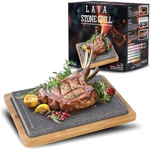 Artestia Extra Large Lava Stone for Cooking Steak, Hot Stone Plates Tabletop Grill, Sizzling Stone Grill Cooking Platter for Meat, BBQ Lava Steak Stones with Bamboo Platter (13.66"*8.93")