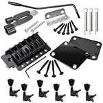 Swhmc Black 6 Strings Electric Guitar Tremolo Bridge Bar Kit,6R Sealed Gear Tuning Pegs Keys Machine Head with Neck Plate Reinforce Board for Strat Fender Guitar Replacement