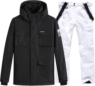 RIUIYELE Men's Ski Suits Windproof Snowboard Ski Jacket and Pants Set Insulated Snowsuit Winter Warm Snowboarding Snow Jackets Black + White L
