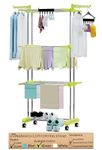 LIVINGBASICS 2 Icon Clips with 3 Layer Clothes Stand for Drying/Cloth Drying Stand/Cloth Stand for Drying Clothes Foldable/Cloth Drying Stand for Balcony/Stainless Steel Dryer Rack (Lime Green)