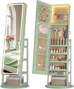 LVSOMT Standing Jewelry Cabinet Mirror with Adjustable LED Light Green
