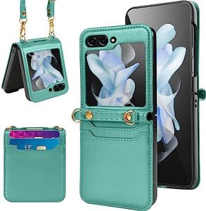 KANGHAR for Samsung Galaxy Z Flip 5 Case with Card Holder Lanyard Z Flip 5 Leather Wallet Case Adjustable Crossbody Strap Protective Phone Case for Galaxy Z Flip 5 - Green