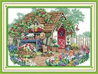 Stitchmelody 14CT Counted Cross Stitch Kits for Adults,DMC Threads Unprinted Pattern Embroidery Kit Needlework-Flower Cabin 44cm×33cm