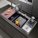 Kitchen Sink SS 304 Grade Modular Sink With Waterfall Pull Down Faucet Single Bowl Sink With Water Purifier Tap, Fruit Basket & All Accessories (Black) (Multifunction With Dustbin 35 X 18 X 9 Inches)