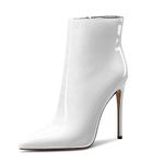 CASTAMERE Womens Stiletto High Heel Pointed Toe Zipper Ankle Boots Short Bootie Patent Leather Prom Dress 4.7 Inches Heels White 11 M US