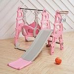 4 in 1 Kids Slide Swing, Baby Slide with Climbing Frame and Basketball Hoop, Swing and Slide Set for Toddlers Age 1-3, Kids Freestanding Indoor Outdoor Garden Slides(Pink)