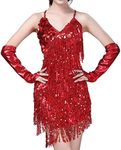 Sequins Tassels Latin Dance Dress for Women's Vintage 1920s Flapper Fringe Gatsby Cocktail Party Dress Halter Backless Rumba Ballroom Cha Cha Dress Belly Dancing Costumes with Gloves Red One Size