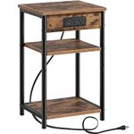 Rolanstar End Table with Charging Station, 3 Tier Slim Nightstand with Storage Shelf, Narrow Side Table with USB Ports & Power Outlets, Steel Frame, for Living Room, Bedroom, Rustic Brown