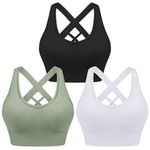 Leversic Women's Workout Bra Mid Impact Wirefree Removable Padding Sports Bra Cross Back Yoga Bra for Gym Fitness Running Jogging(Black+White+Green,M)