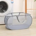 DAWNTREES Pop Up Laundry Hampe,Mesh Collapsible Laundry Basket with Side Pocket,Applicable to Laundry Room, Bathroom,Dorm,Travel Carrying(Grey Horizontal)