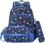 MIRLEWAIY School Backpack Kids 3-Pieces Backpack Set for Student With Insulated Lunch Bag and Pencil Case, Spaceship, Rocket, Planet