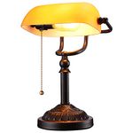 TORCHSTAR Bankers Desk Lamp with Pull Chain Switch, Amber Glass Shade Desk Lamps, Bronze Base, UL Listed, E26 Base, Vintage Library Lamp for Office, Study Room(Matted Orange)