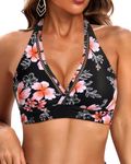 Tempt Me Women Halter Bikini Top Padded Swimsuit Top V Neck Bathing Suit Tops Only, Black Pink Floral, XX-Large