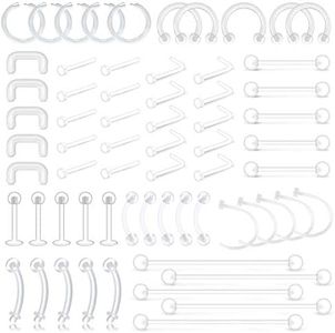 D.Bella 65pcs Mix Style Clear Piercing Retainer Flexible Lip Ear Nose Septum Eyebrow Nipple Tongue Rings Cartilage Tragus Earrings Retainer Bioflex Horseshoe Hoop Industrial Barbell, Bioflex, plastic