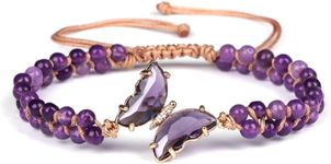 HYMEVROS Healing Amethyst Crystal Butterfly for Women, Bracelet with Lucky Butterfly Charms, Double Braided Crystal Beads Chain Beaded Healing Bracelet Gifts for Her Jewelry Gifts Valentines (Purple)