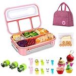 Kishilly Bento Lunch Box for Kids/Adult, Microwavable Kids Bento Box Lunch Containers With Lunch Bag Mini Cookie Cutters Fruit Picks Silicone Cup Reusable Storage Bags for School,Work and Picnic (Pink)