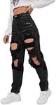 SweatyRocks Women's High Waist Slant Pocket Denim Jeans Ripped Straight Leg Pants Dark Black M